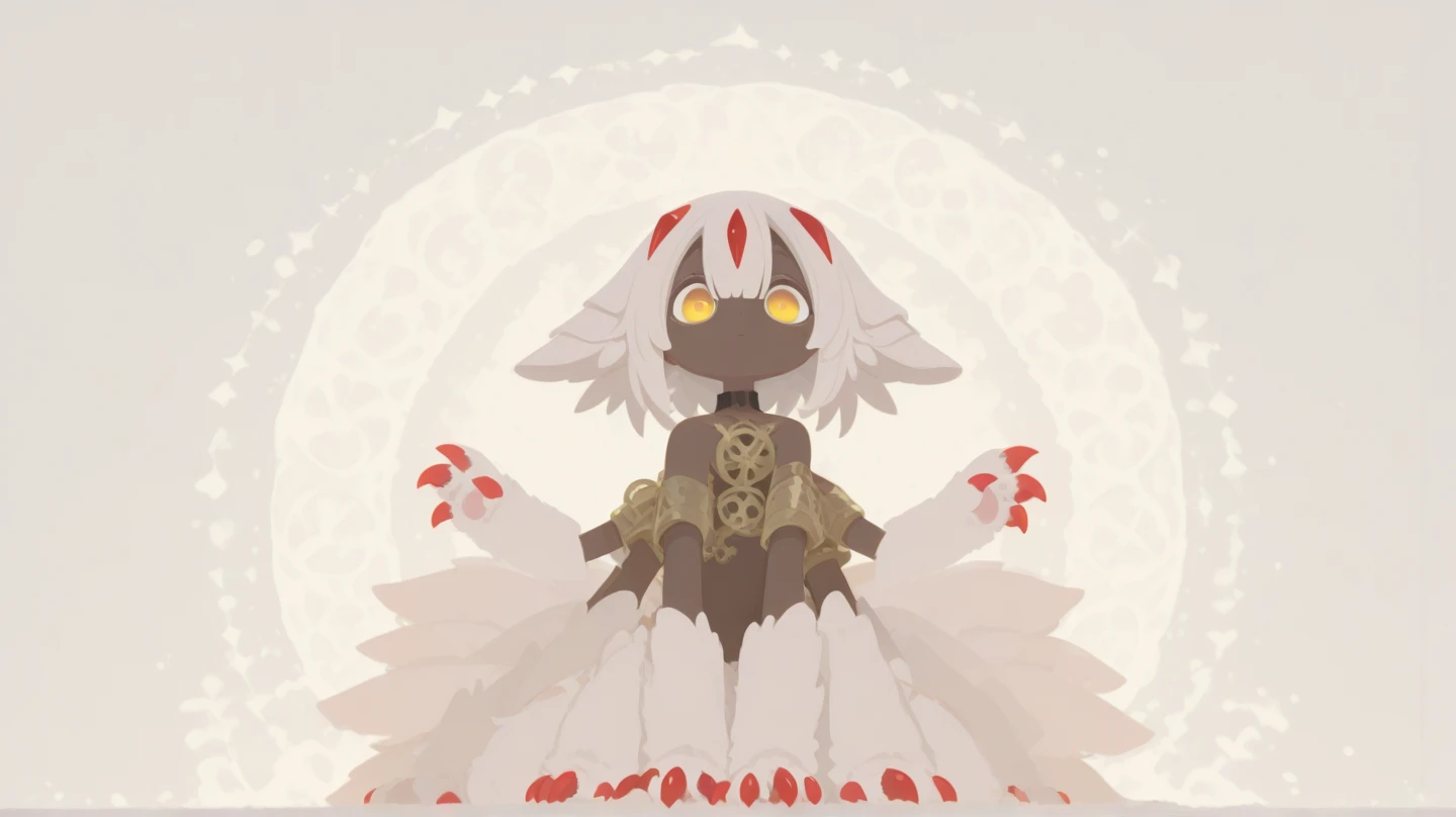 Faputa, 1girl, dark skin, dark-skinned girl, white hair, short hair, extra arms, red claws, multiple tails, yellow eyes, white fur, animal ears, no lineart, no outline, haiz_ai, black or gray balloon background, the character of the image is melancholy and...