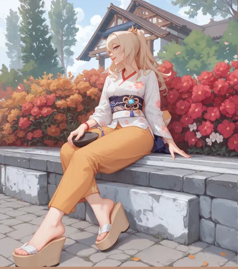 This beautiful woman in kimono and sandals with long white hair and straight dark blue eyes and face anime version Honkai Impact Yandere