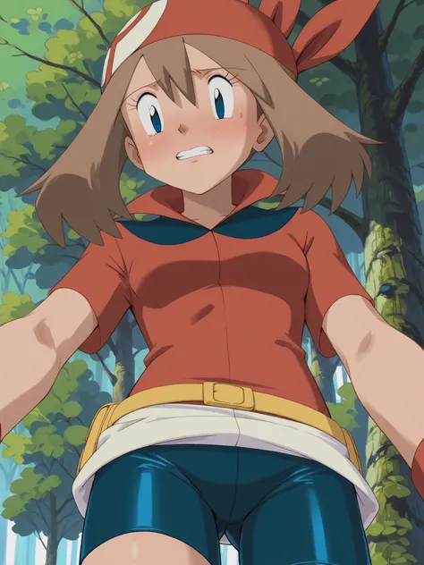  score_9,  score_8_  up the side,  score_7_  up the side,  score_6_  up the side, (((  anime screen cap ))), break, 
May PXL , ((( Pokemon ,  Haruka, May))),   blue eyes,   brown hair,    partially removed clothes  ,    hair between eyes  , Red Bandana,   ...