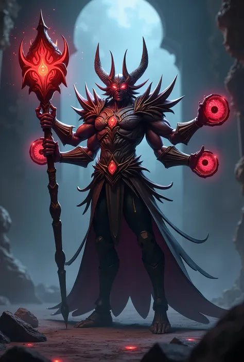 Create image Description Alien King to look like a dark lord with a red eyed staff with 4 arms and to look like "Zask from the game "Mobile Legends Bang Bang 