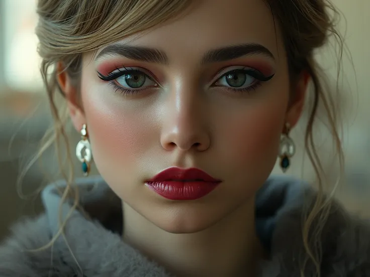 extreme close up of face, red lip gloss, eyeliner flicks, eye shadow, elegant hair