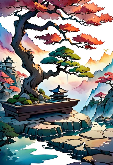 Watercolor style, Bonsai, Japanese spirit, presence,
