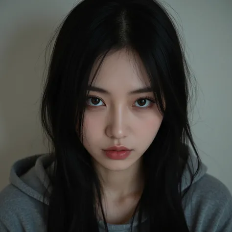 Real Korean girl, 28 years old. Really long, straight, messy black hair. Dark brown eyes. Dark circles under her eyes, makeup. A hoodie on. Mature, intimidating look