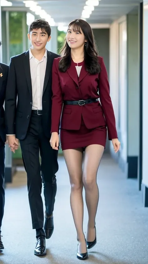 A mature teacher with super huge breasts and beautiful legs is walking down the hallway side by side with a high school male student in a suit jacket, blouse, miniskirt, pantyhose, leather shoes 