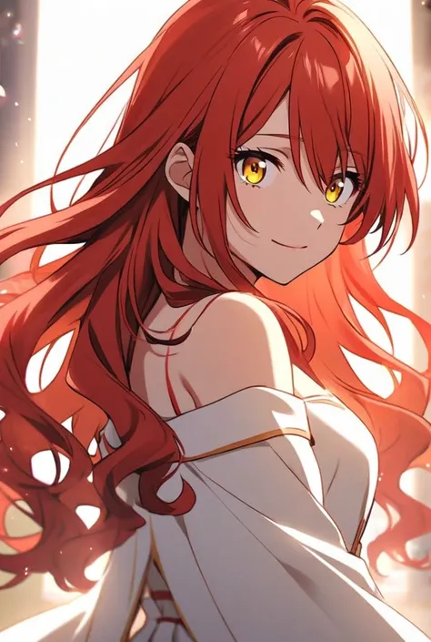 Believe me a red-haired anime girl with yellow eyes with wavy hair , with hair down the shoulders and a small smile 