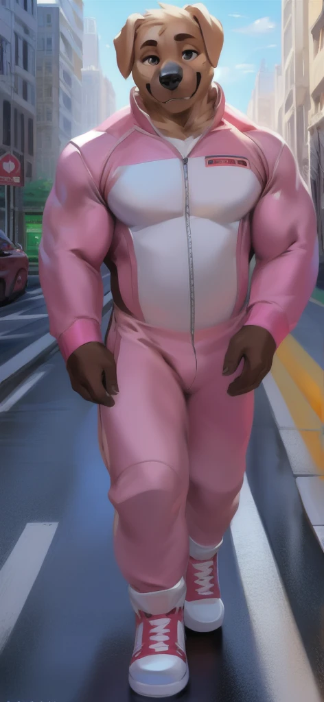  alone, Male​ Tall​,huge​ body​, stand, road, labrador​ Bernard​, Master Chef ,  pink military spacesuit,  heavy overload,  muscle bundle, paranoia ,by chunie ​