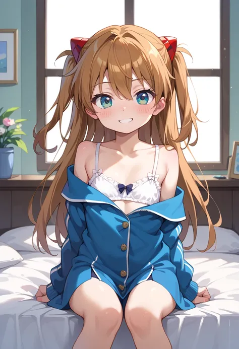 (( top quality)), (( Masterpiece)), (be familiar with),  perfect face,  indoor, bedroom,  watching viewers ,
One woman,  Soryu Asuka Langley,
開いた口,  ecstatic expression, blush, smile,
 small tits,  flat chest, Young girl,  lori,  s,  girl,
 long hair,  two...