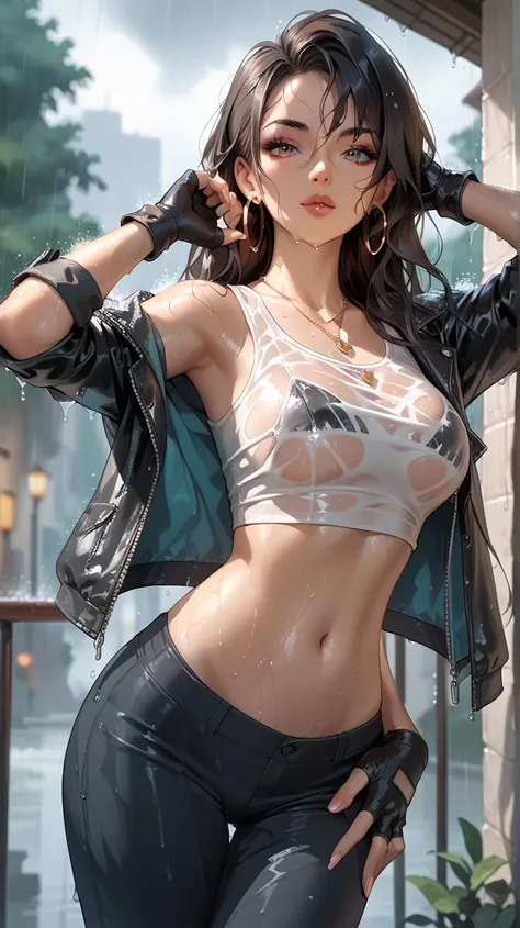 1girl, jewelry, solo, wet, jacket, hoop_earrings, navel, earrings, necklace, black_hair, midriff, rain, gloves, breasts, long_hair, crop_top, looking_at_viewer, blurry, fingerless_gloves, pants