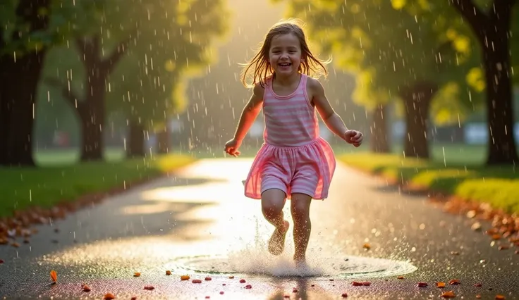  A  of about six runs barefoot down a wet street ,  laughing as rain falls on her face . Her hair is soaked ,  and her rosy cheeks reflect the pure joy of the moment .  Small puddles on the ground create splashes of water as she steps ,  and the soft light...