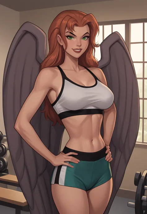 safe_pos, PonyXLV6_Scores BREAK ((retro artstyle, parody)), perfect anatomy, cowboy shot) shayera hol, wings, long hair, green eyes, flirting, raised eyebrow, ((looking at viewer)), bare shoulders, sports bra, gym shorts, curvy, toned, athletic, large brea...