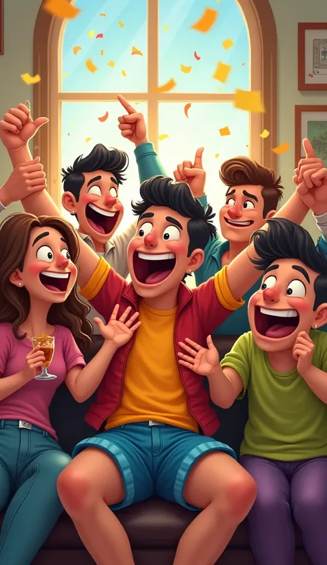 Create HD Cartoon Image Scene 9 The group of friends cheering, clapping, and acting amazed as if Rohit really won the jackpot.