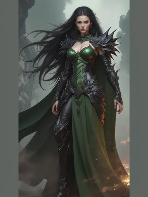 cinematic portrait of a king of darkness, intricate symmetrical ancient-inspired dark fantasy green dragon queen royal dragonic valkyrie death darkness armour suit, minimalist and simple, feminine woman body, captivating green eyes, black hair in a side-sw...