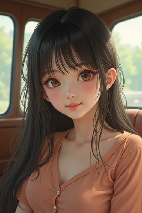 (((​masterpiece))),  top quality,  extremely detailed,  detailed biography ,  in the seat, very pretty girl,  Japanese, , Alone,  detailed face, bangs, smile, ( random hairstyle :1.2), (Young Face), ( PERFECT BODY:1.1),  blouse, summer, In 8K,  wallpaper, ...