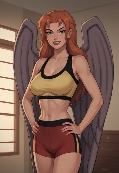 safe_pos, PonyXLV6_Scores BREAK ((retro artstyle, parody)), perfect anatomy, cowboy shot) shayera hol, wings, long hair, green eyes, flirting, raised eyebrow, ((looking at viewer)), bare shoulders, sports bra, gym shorts, curvy, toned, athletic, large brea...