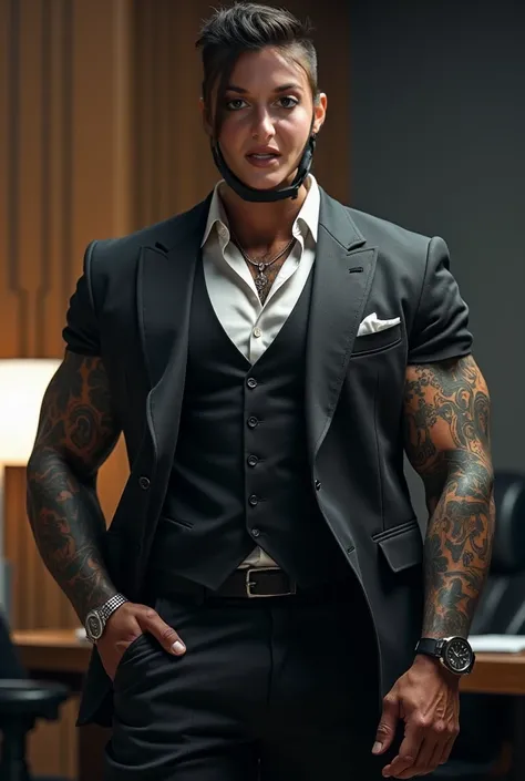 Do a VERY masculine version with tattoos, 30 years old and he must be a virile businessman 