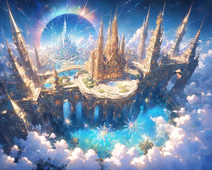 Imagine a celestial oasis hidden among the clouds, known as "Ilaria, the Floating City of Light." It exists neither on the earth nor in the sky but drifts in a mystical space between worlds. Its buildings shimmer with blue crystals that reflect the moonlig...