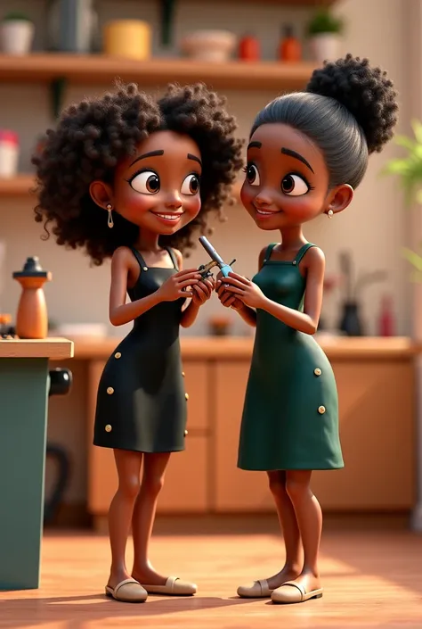  Cartoon 3D sisters from Disney and Pixar , A brownskin woman,  curly hair, shaped with curves,  wearing a black dress with straps up to loose feet with buttons ,  another black-skinned woman , Hair tied thin ,  curves with dark green dress up to the foot ...