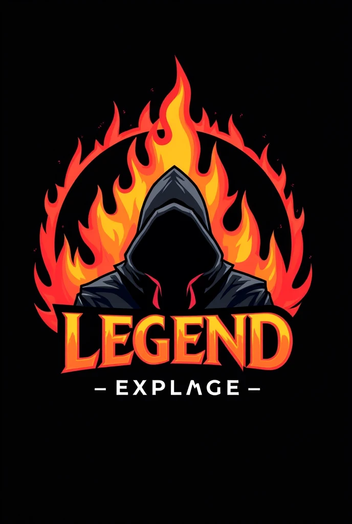 Create a logo where it says LEGEND WITH FIRE AND THE MASCOT IS A FIRE WITH A HOOD