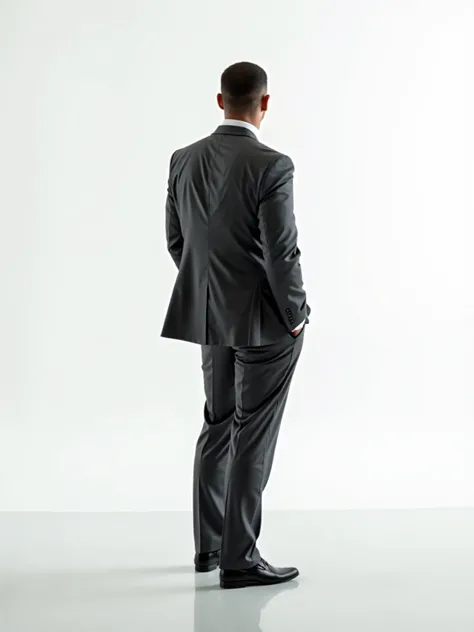 a wall street business man in a suit, back to the camera, background is white