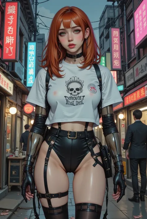 In a gritty neon lit city street, ginger cyborg woman with rusty mechanical angukar arms, white vest top and black lace panties .Hyperrealistic anime, artwork in the guweiz style, guweiz, seductive anime girl, by Yang J, by Yanjun Cheng, inspired by Yanjun...