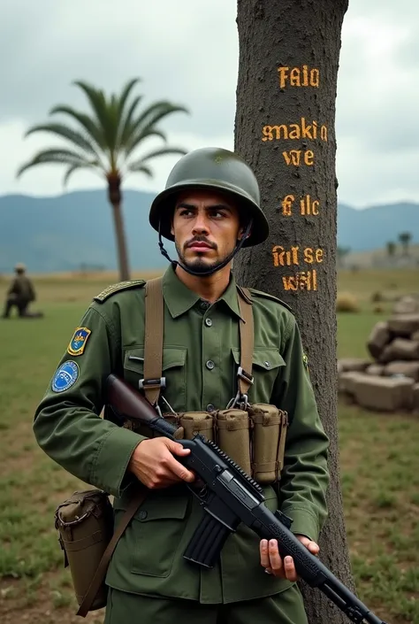  Create an ultra-realistic image of a soldier from the Brazilian Expeditionary Force (FEB)  in World War II .  He wears a green uniform with the emblem of  "smoking snake"  on the shoulder and a steel helmet .  The soldier carries ammunition in his chest a...