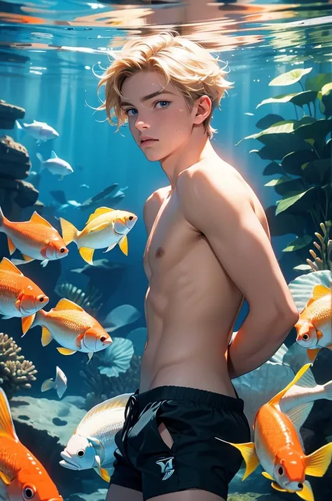 a young man swimming in the ocean with colorful fish, golden blonde hair,tan,light water,blue,no shirt, shorts,very light blue eyes,long eyelashes,shell,coral,(best quality,4k,8k,highres,masterpiece:1.2),ultra-detailed,(realistic,photorealistic,photo-reali...