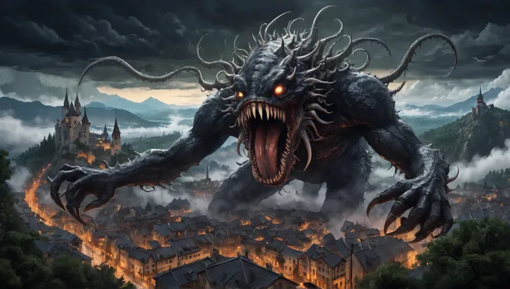 A big huge giant monster with lots of tentacles at the ends of which are open, toothy and eyed mouths and mouths and claws and thorns and slime flows black and scales fly over the medieval city in the sky above the mountains and above the trees. lightning ...