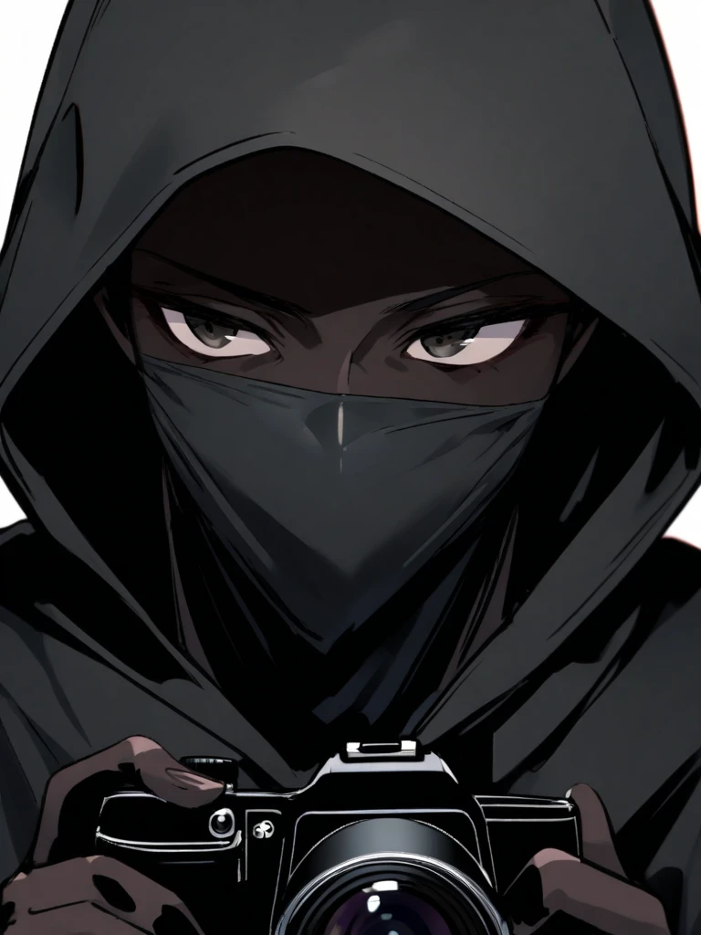 A dark complexion mysterious ninja dressed in all-black attire, with a stealthy hood and a face mask covering everything except intense, focused eyes holding a camera . 