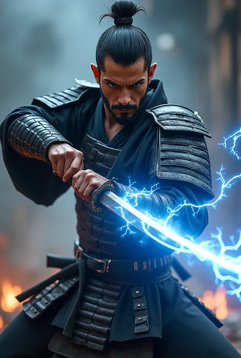 Handsome samurai with short beard with a katana wrapped in electricity in combat posture