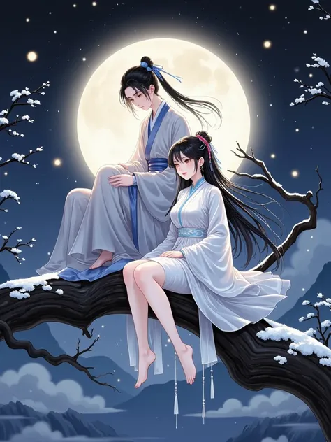 yinji, Romantic ancient style，night，Backlight，A man and a woman sitting on a tree branch，There is a full moon behind，Fresh colors，Soft colors，Diode lamp，Concept art style，Extremely complex details，Clear distinction between light and dark，Structured，Ultra H...