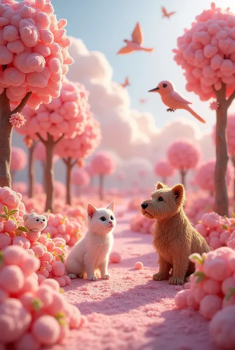 a dream country with licorice trees, candy floss leaves, chocolate dogs, candy flowers, birds made of cream puffs, marzipan kittens, (best quality,4k,8k,highres,masterpiece:1.2),ultra-detailed,(realistic,photorealistic,photo-realistic:1.37),fantasy,whimsic...