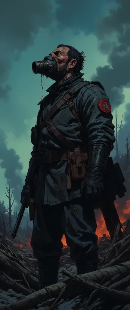 Night war background, Military man wearing gas mask, old black army suit, From the hips up, Looking at the sky while crying red.