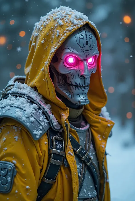 Terrifying cinematic science fiction photo of a portrait of a non human futuristic masked yellow and pink mythical freak dressed as a freak leather sharp fingers futuristic mask mythical freak dressed as a futuristic dirty freak yellow and pink mythical fr...