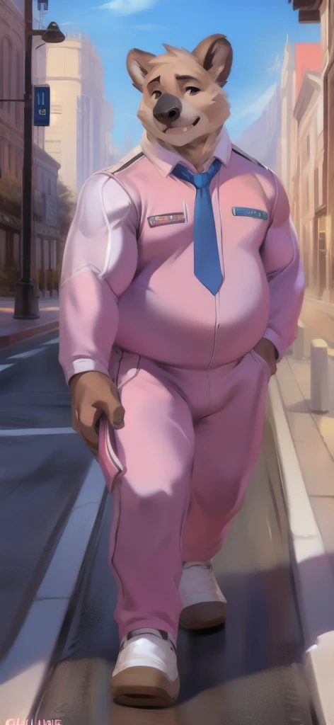   alone , female​ Tall​, stand, road,koala labrador​ Bernard​, pink military spacesuit ,   Overweight  ,   tie the muscles, silent , by chunie  