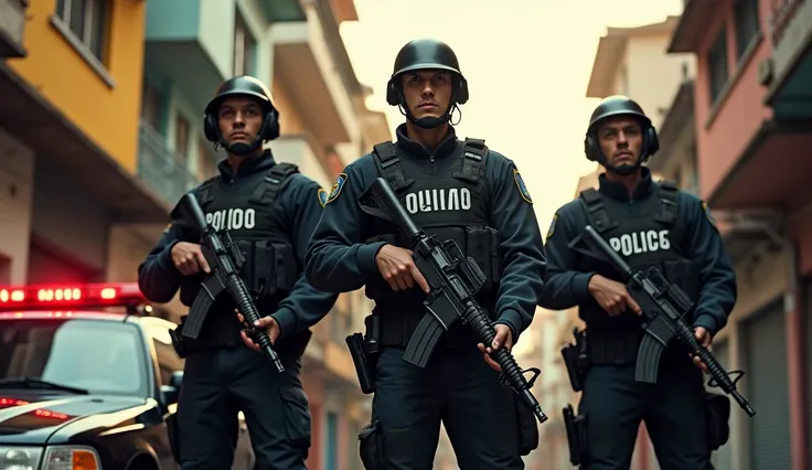 3 men, Police officers wearing military uniforms and vest in the background the Rocinha favela Rio de Janeiro, Next to the police officers ,  a police car with sirens on ,  best quality, realistic,  ambient light