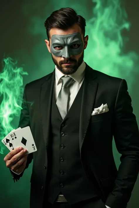 Handsome man with very short dark hair well groomed with an elegant short beard wearing an elegant gray mask wearing a 3-piece black suit with a white shirt and silver tie throwing cards wrapped in green fire at his enemies