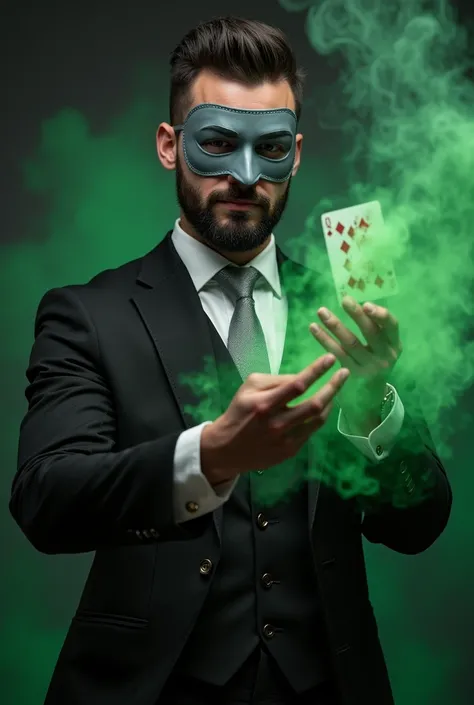 Handsome man with very short dark hair well groomed with an elegant short beard wearing an elegant gray mask wearing a 3-piece black suit with a white shirt and silver tie throwing cards wrapped in green fire at his enemies