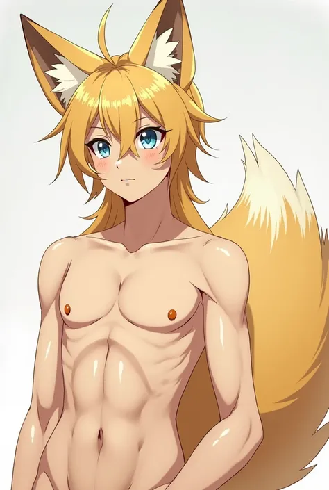 Anime style anime boy, with huge sandy fox ears and a big fluffy tail,  penis with long golden hair and blue eyes, naked showing his 21 cm  