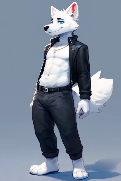 ,(((white wolf with black hair and blue eyes and a black nose, anthropomorphic fur full body , standing up with a blank background ))), anthro , male, muscular:1.3, sweat,((correct anatomy)),correct hand,correct detailed tail, detailed,hd, dark shadows, wi...