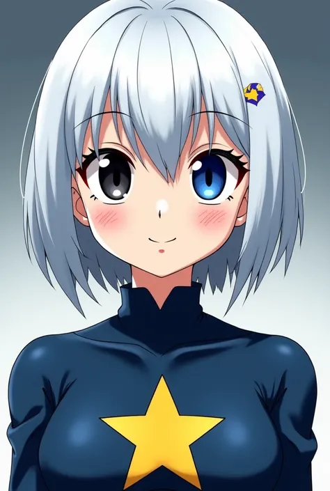  To see a girl with white hair up to her waist ,  with a black left eye and a blue right eye , with the animation of My Hero Academia ,  with a star-shaped mole on her neck and with a costume that has to do with the 4 elements
