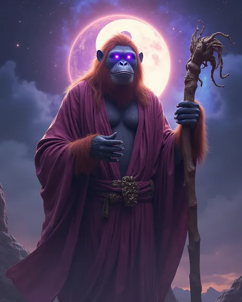  Taoist Orangutan .  Achieved immortality .  Armed with a staff . Around the galaxy .  Behind the Yin Yang sign. Smile ,  looks at the viewer ,  purple eyes, 