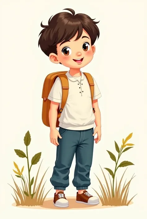 School illustration drawing featuring a beautiful boy with short dark brown hair and beige skin, Happy with a backpack bag beige, shoe, white blouse short sleeves knitted fabric 
Light blue fabric pants with brown eyes with five fingers on each hand in a s...