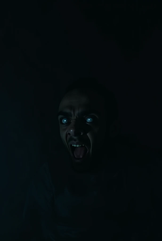 picture of one guy in a bedroom with a frantic face during the night and the lights off