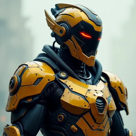 "A futuristic cyber-warrior with a sleek and powerful golden-black armor, glowing red eyes, and a distinctive helmet with a curved crest. His armor is ultra-detailed, with mechanical engravings, reinforced plating, and a high-tech design. The warrior's phy...