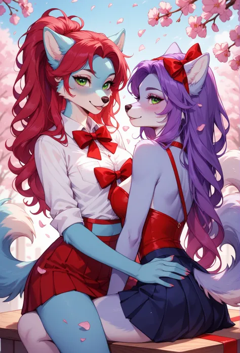  one female furry, sexy, all light pastel blue fur, purple hair, purple hair on head, purple hair, purple hair on top, red hair tips, long hair, straight hair, purple umbre hair color, red pink hair tips, green eyes, medium breast, sexy wolf furry, cherry ...