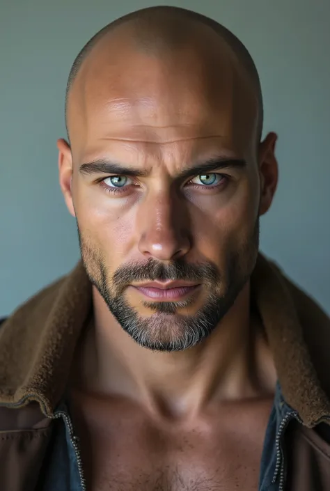 Real photo A MBald-faced Tego man looking deeply at the screen Gray blue eyes HD electric eye texture Very handsome eyes inside make the family feel like a very real man with a story with pectoral hair for close-up shots of chest hair:1.5 Elegance . ** Vi...
