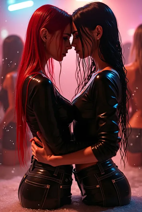 Two women,  standing,  with red long wet hair, wet in the Disco, Wet at a party, tropfend wet long jeans, nasses rotes langarm Shirt, stiefel, wet hair,  foam party ,  girlfriend at it, wet black blouse, wet long jeans, stiefel, wet short black hair, nippl...