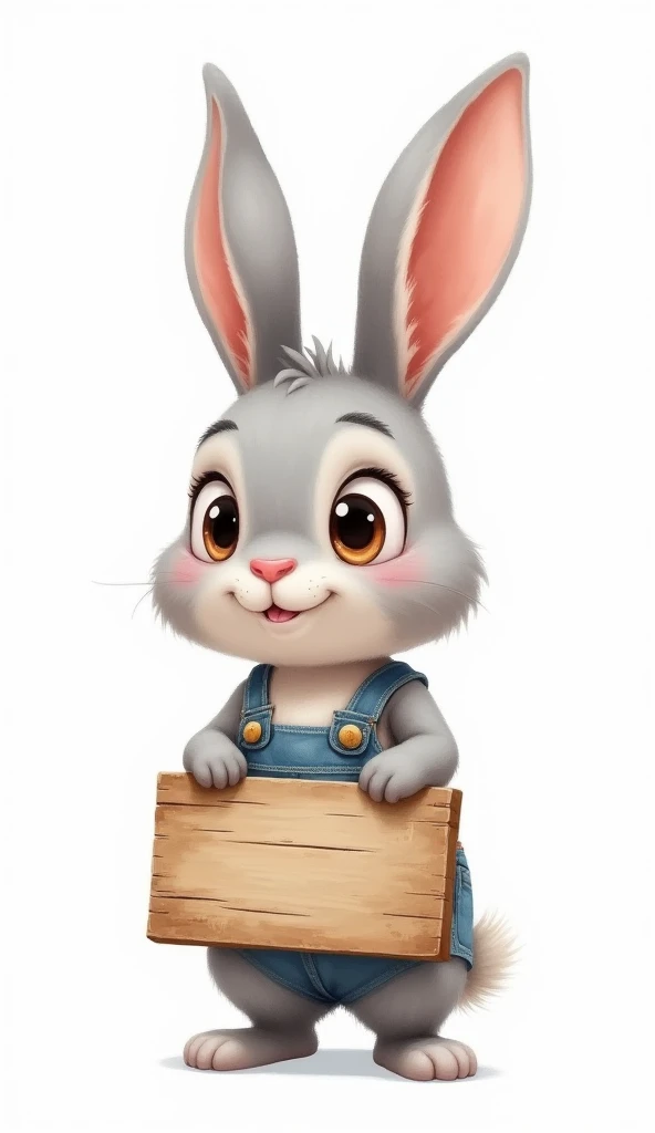 Baby gray rabbit very cute very soft thick hair with overalls,  ren's version,  white background pixar watercolor style, qui tient un panneau en bois 