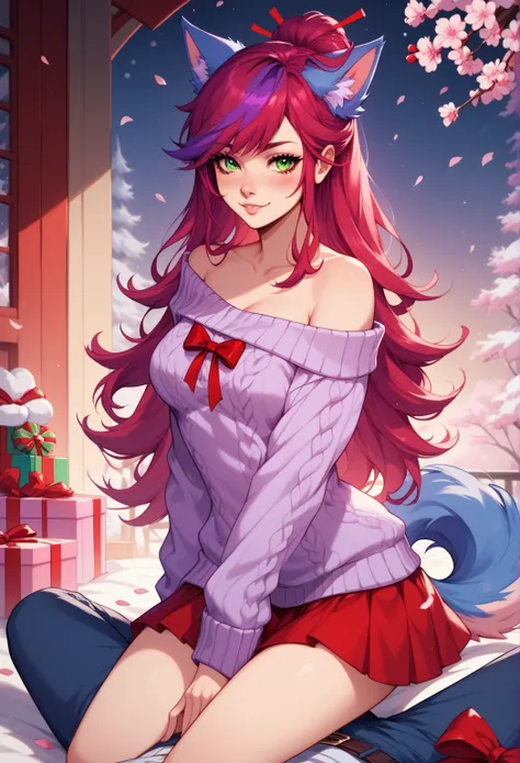  one female furry, sexy, all light pastel blue fur, purple hair, purple hair on head, purple hair, purple hair on top, red hair tips, long hair, straight hair, purple umbre hair color, red pink hair tips, green eyes, medium breast, sexy wolf furry, cherry ...