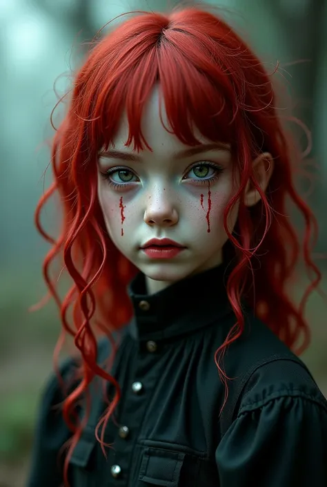  Make an image for me :  Make a young girl with matte red hair and dark green eyes,  white skin, She's becoming a villain 